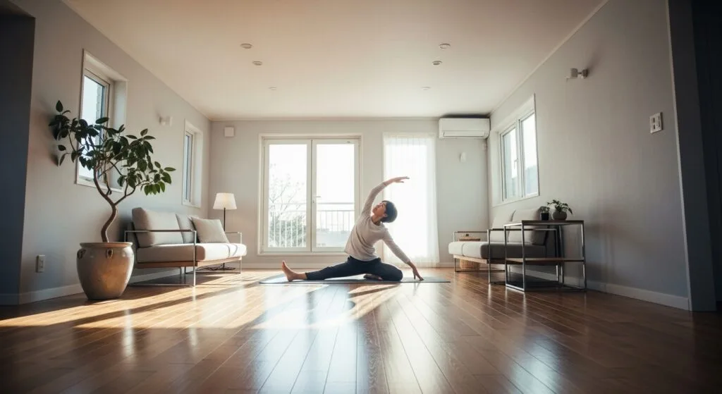 Open minimalist home interior with clear floor space encouraging physical activity and movement for better health