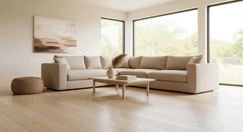 Modern minimalist living room with neutral colors and open space demonstrating stress-reducing decluttered home environment