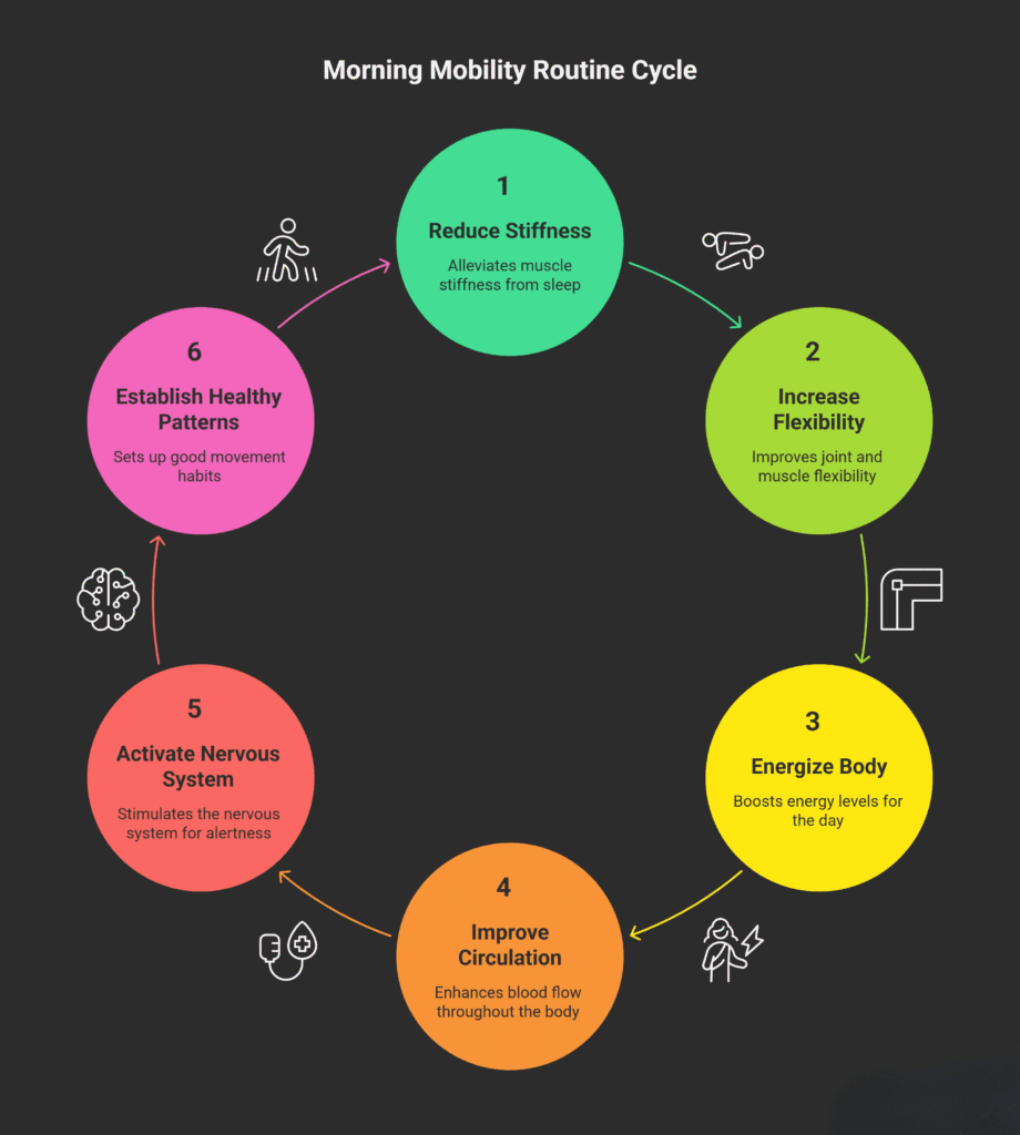 Circular infographic titled ‘Morning Mobility Routine Cycle’ showing six stages of a morning movement routine. Step 1: Reduce Stiffness – alleviates muscle stiffness from sleep. Step 2: Increase Flexibility – improves joint and muscle flexibility. Step 3: Energize Body – boosts energy levels for the day. Step 4: Improve Circulation – enhances blood flow throughout the body. Step 5: Activate Nervous System – stimulates the nervous system for alertness. Step 6: Establish Healthy Patterns – sets up good movement habits. Each step is represented by a colored circle with icons illustrating movement, stretching, energy, and health.