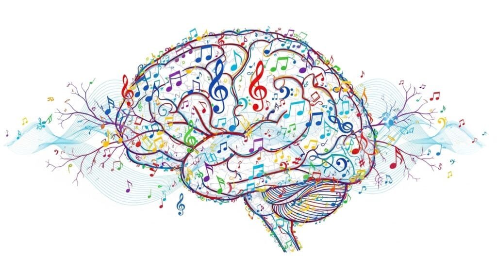 Brain illustration composed of colorful musical notes and sound waves showing neurological connections