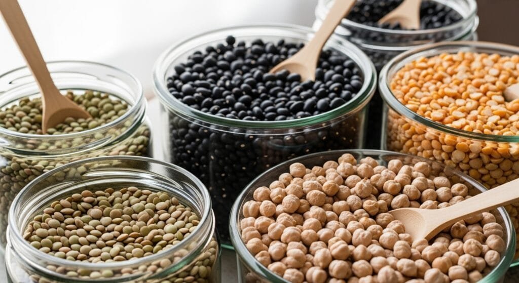 Assortment of dried legumes including green lentils, black beans, chickpeas, and split peas in glass containers for plant-based protein