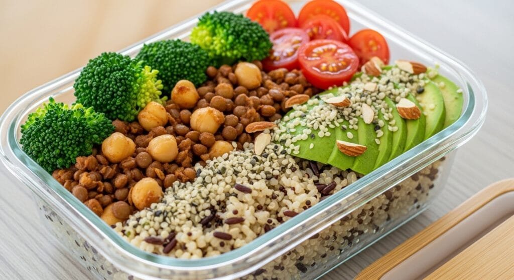 Healthy plant-based protein buddha bowl with lentils, quinoa, fresh vegetables, and hemp seeds on rustic wooden table