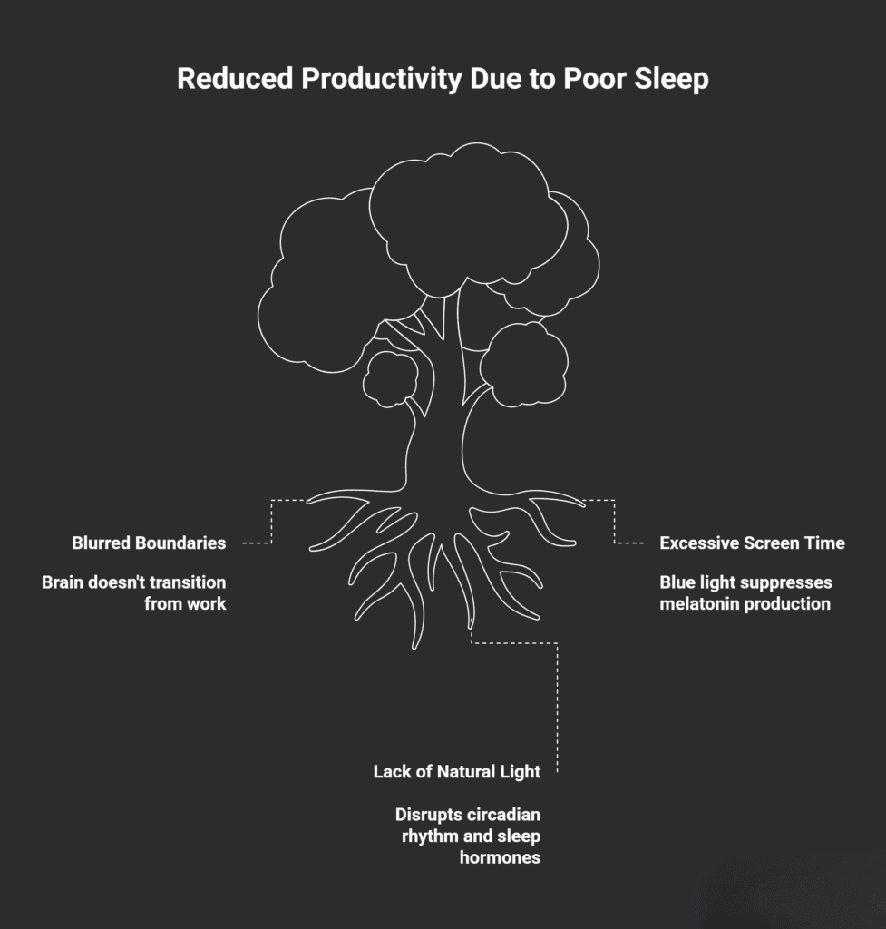 Illustration of a tree symbolizing how poor sleep reduces productivity. The tree’s roots highlight causes of sleep disruption: blurred work–life boundaries, the brain not transitioning from work, excessive screen time with blue light suppressing melatonin, and lack of natural light disrupting circadian rhythm and sleep hormones.