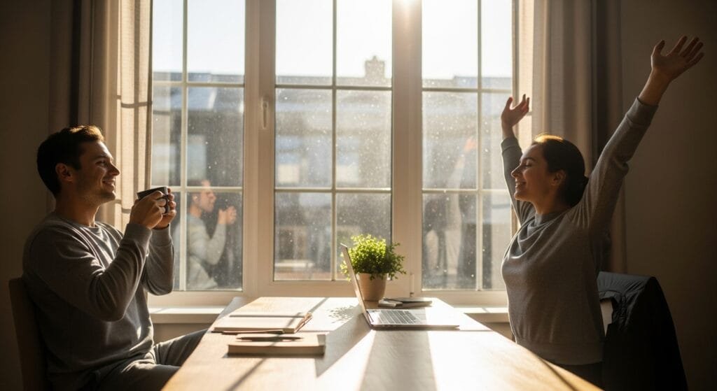 Remote worker enjoying morning sunlight by window with coffee demonstrating natural light exposure for better sleep and productivity