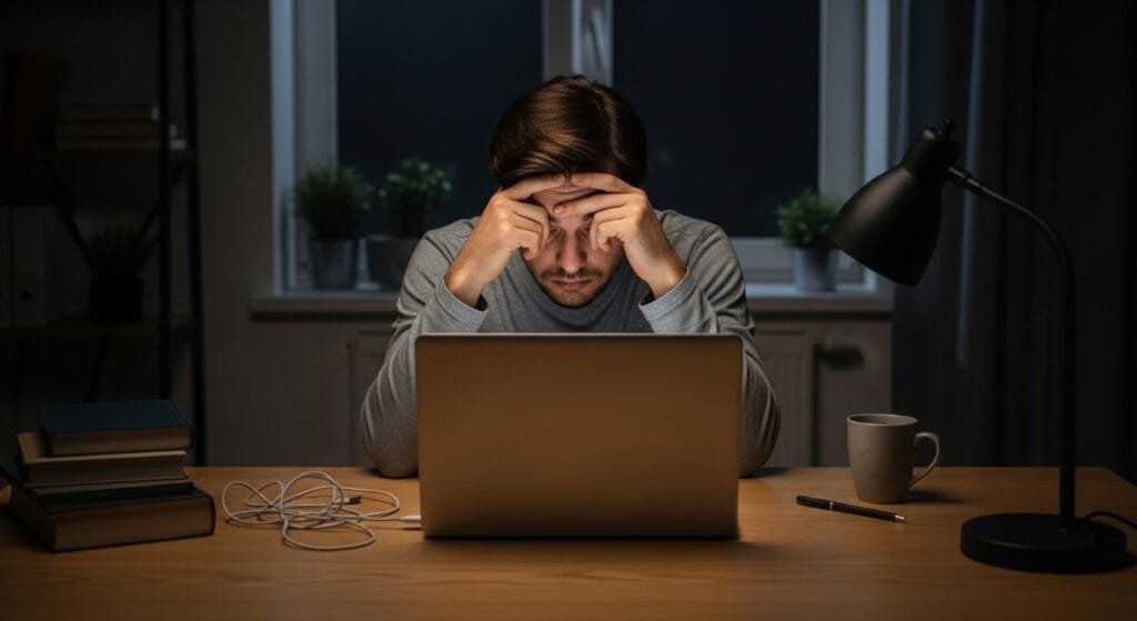 Exhausted remote worker rubbing eyes while working late at night on laptop in home office showing effects of poor sleep on productivity