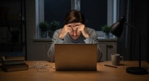 Exhausted remote worker rubbing eyes while working late at night on laptop in home office showing effects of poor sleep on productivity
