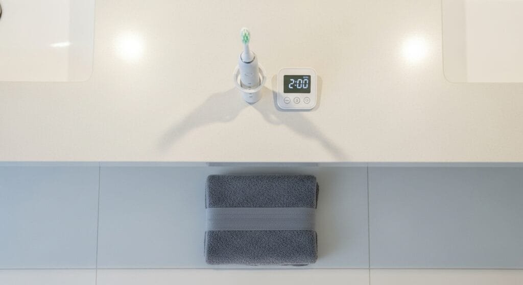 Bathroom setup for safe core workout routine showing timer, toothbrush, and safety towel