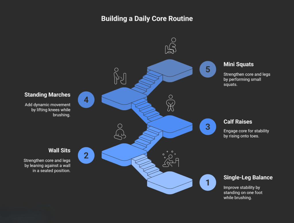 An infographic titled “Building a Daily Core Routine” shows five simple exercises arranged as steps on a staircase. Each step includes an icon and short description:

Single-Leg Balance – Improve stability by standing on one foot while brushing.

Wall Sits – Strengthen core and legs by leaning against a wall in a seated position.

Calf Raises – Engage core for stability by rising onto toes.

Standing Marches – Add dynamic movement by lifting knees while brushing.

Mini Squats – Strengthen core and legs by performing small squats.
The design uses blue 3D stair steps and minimalist stick figure icons on a dark background.