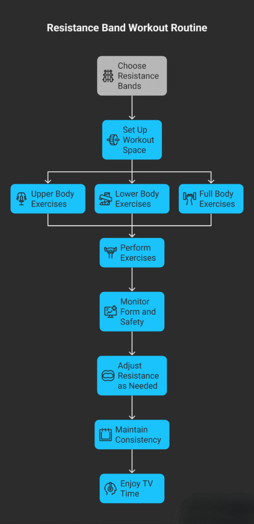 Flowchart titled ‘Resistance Band Workout Routine’ showing a step-by-step process for exercising with resistance bands. It starts with ‘Choose Resistance Bands,’ followed by ‘Set Up Workout Space.’ The next step branches into three options: ‘Upper Body Exercises,’ ‘Lower Body Exercises,’ and ‘Full Body Exercises.’ The flow continues with ‘Perform Exercises,’ ‘Monitor Form and Safety,’ ‘Adjust Resistance as Needed,’ ‘Maintain Consistency,’ and ends with ‘Enjoy TV Time.’ Each step is represented by a blue or gray box with relevant workout icons.
