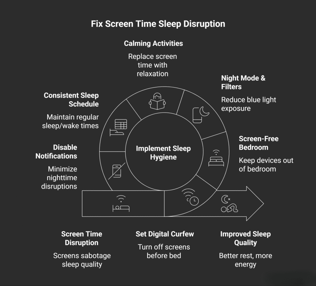 A circular infographic titled ‘Fix Screen Time Sleep Disruption.’ The center reads ‘Implement Sleep Hygiene.’ Around the circle are strategies: Calming Activities, Night Mode & Filters, Screen-Free Bedroom, Improved Sleep Quality, Set Digital Curfew, Screen Time Disruption, Disable Notifications, and Consistent Sleep Schedule. Icons support each tip, and an arrow at the bottom shows the progression from screen disruption to better sleep.
