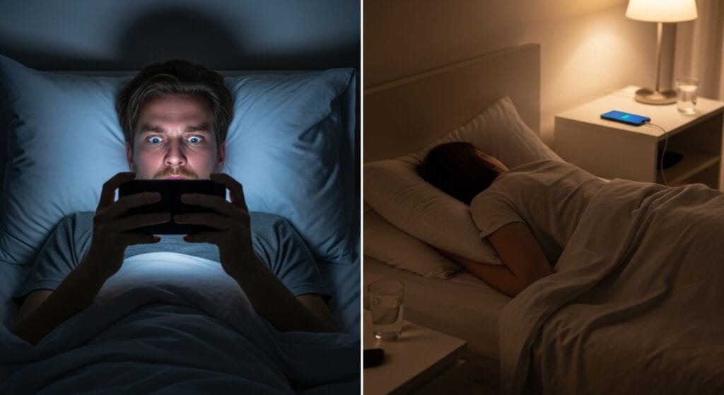 Before and after comparison showing person awake using phone at night versus sleeping peacefully with phone charging away from bed