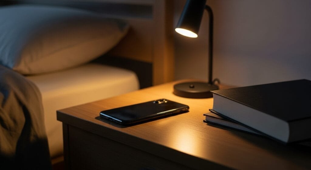 Phone placed away from bed with book and lamp showing blue light reduction for sleep hygiene
