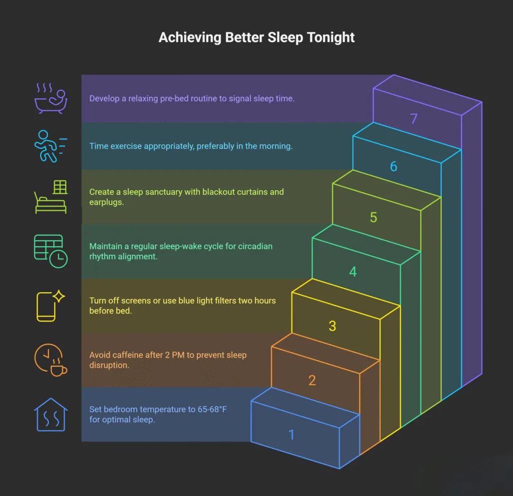 An infographic titled “Achieving Better Sleep Tonight” shows a colorful 3D staircase with seven steps, each labeled with a sleep improvement tip. From bottom to top:

Set bedroom temperature to 65–68°F for optimal sleep (blue).

Avoid caffeine after 2 PM to prevent sleep disruption (orange).

Turn off screens or use blue light filters two hours before bed (yellow).

Maintain a regular sleep-wake cycle for circadian rhythm alignment (green).

Create a sleep sanctuary with blackout curtains and earplugs (lime).

Time exercise appropriately, preferably in the morning (teal).

Develop a relaxing pre-bed routine to signal sleep time (purple).
Each step includes a corresponding minimalist icon on the left, with a dark background highlighting the gradient colors.