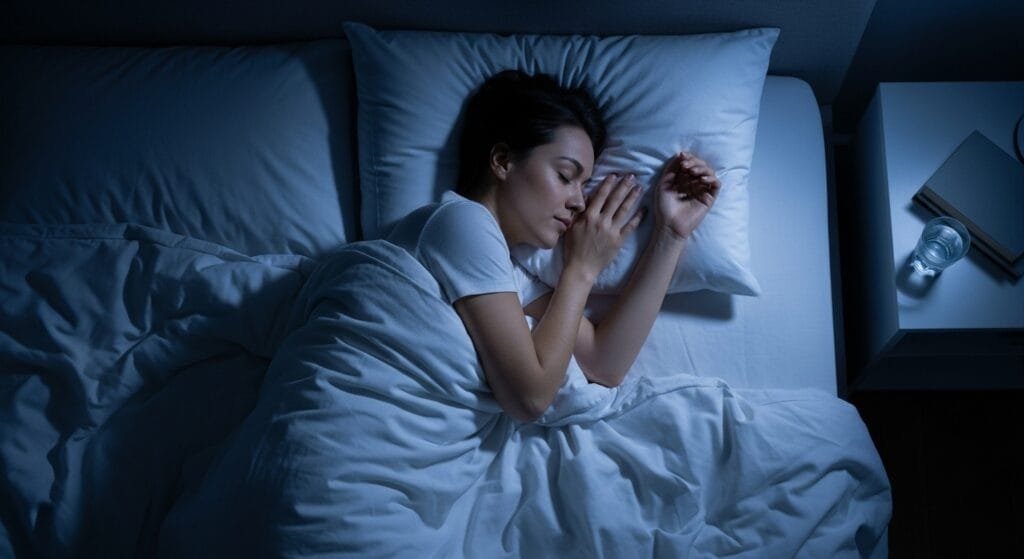 Person sleeping peacefully in dark, cool bedroom demonstrating good sleep hygiene practices