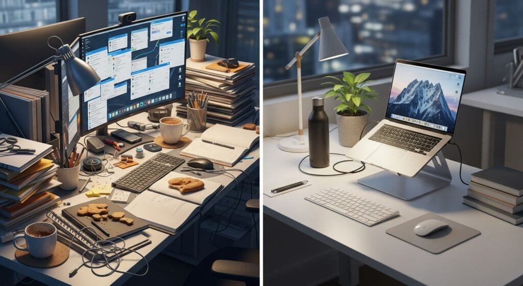 Comparison of disorganized versus organized professional workspace highlighting burnout prevention habits