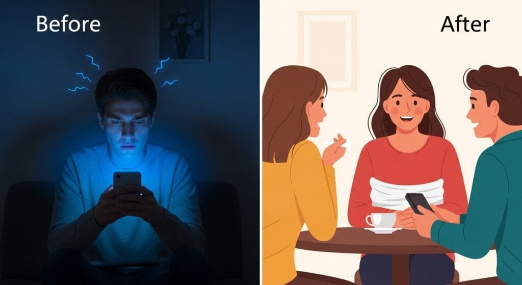 Comparison of unhealthy vs healthy social media usage showing stressed scrolling versus real-world connection