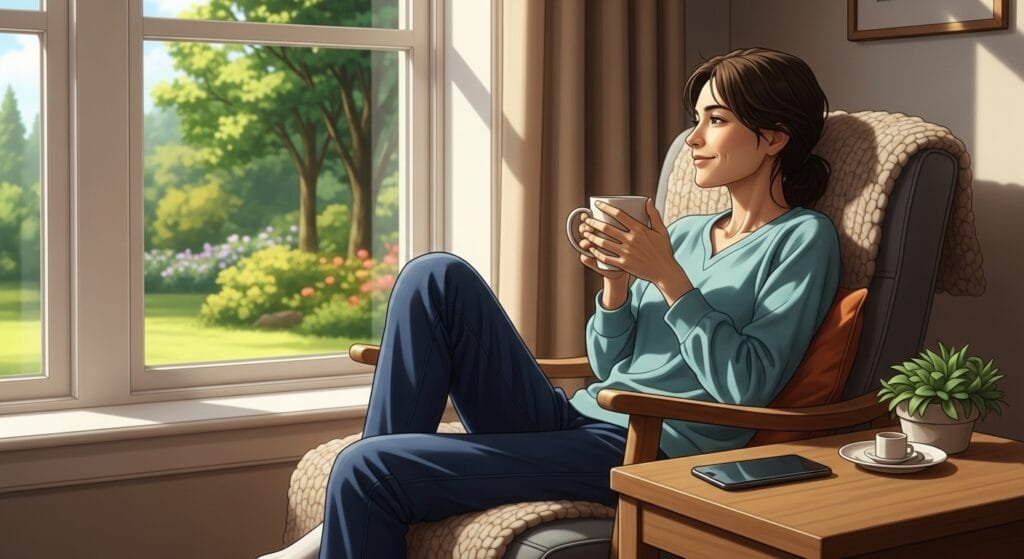 Person enjoying peaceful moment away from phone, representing healthy social media boundaries