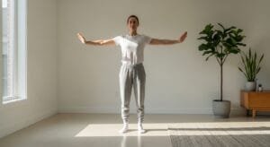 Woman performing five-minute stress relief movement exercise pushing palms outward to release tension