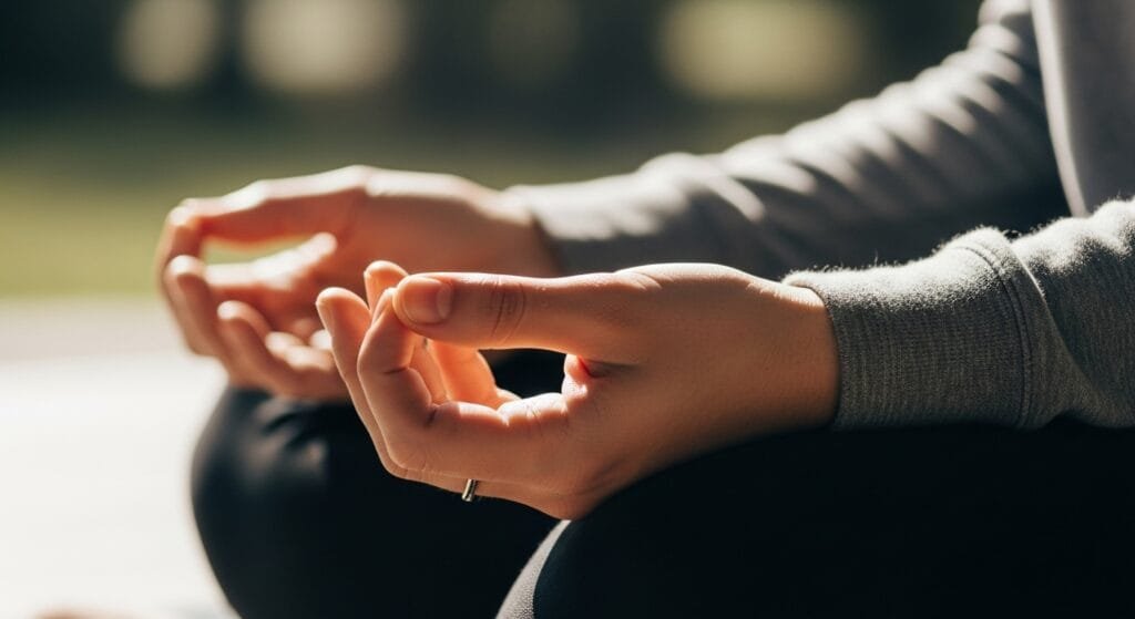 Person practicing five-minute stress relief breathing technique with hands in relaxed position