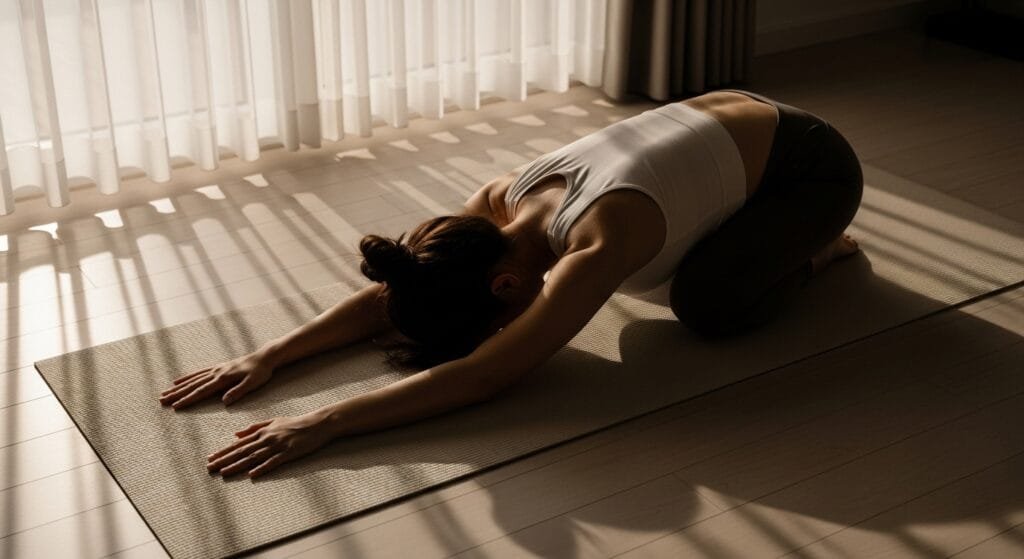 Relaxing child's pose stretch on yoga mat with soft evening lighting for bedtime routine