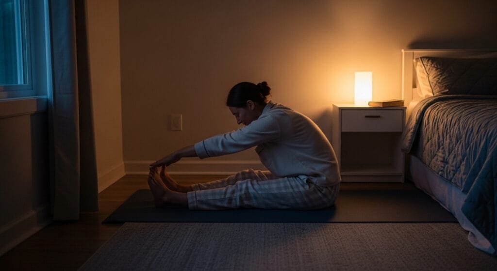 Person doing gentle evening stretches in dimly lit bedroom for better sleep and flexibility