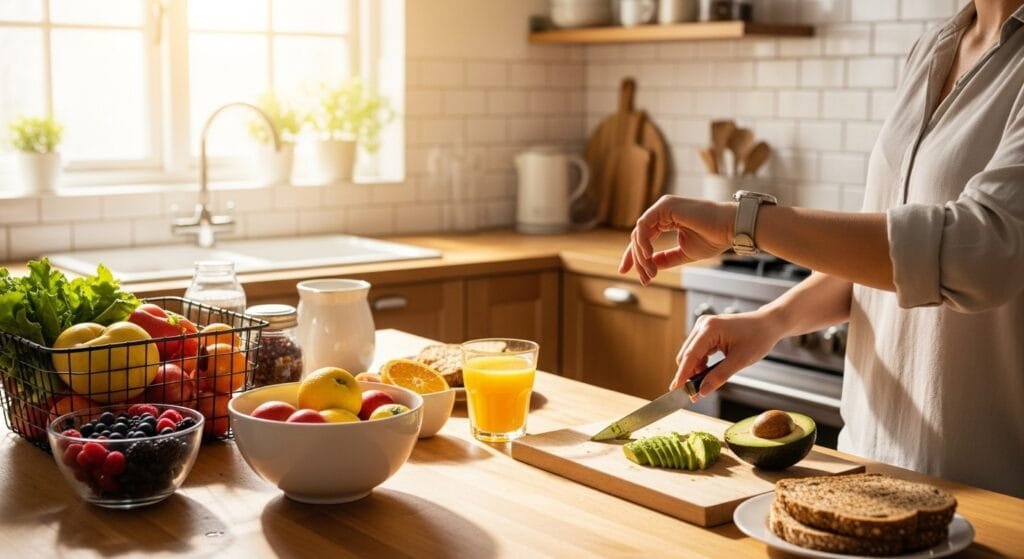 Person tracking meal timing while preparing healthy breakfast to optimize energy levels throughout the day