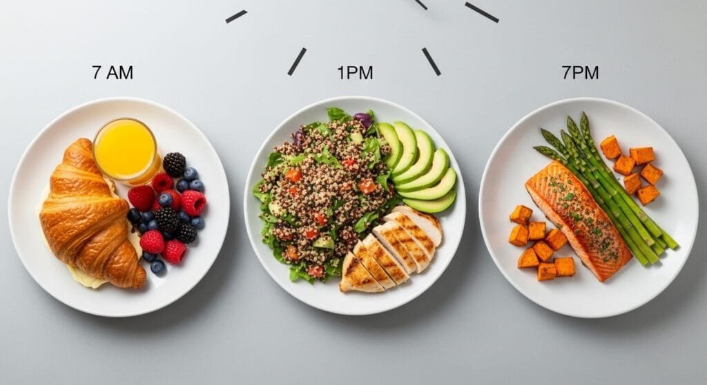 Three balanced meals displayed from breakfast to dinner showing optimal meal timing schedule for energy