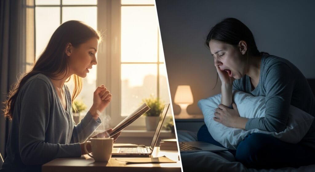 Circadian rhythm impact on energy levels showing alertness in morning versus fatigue in evening