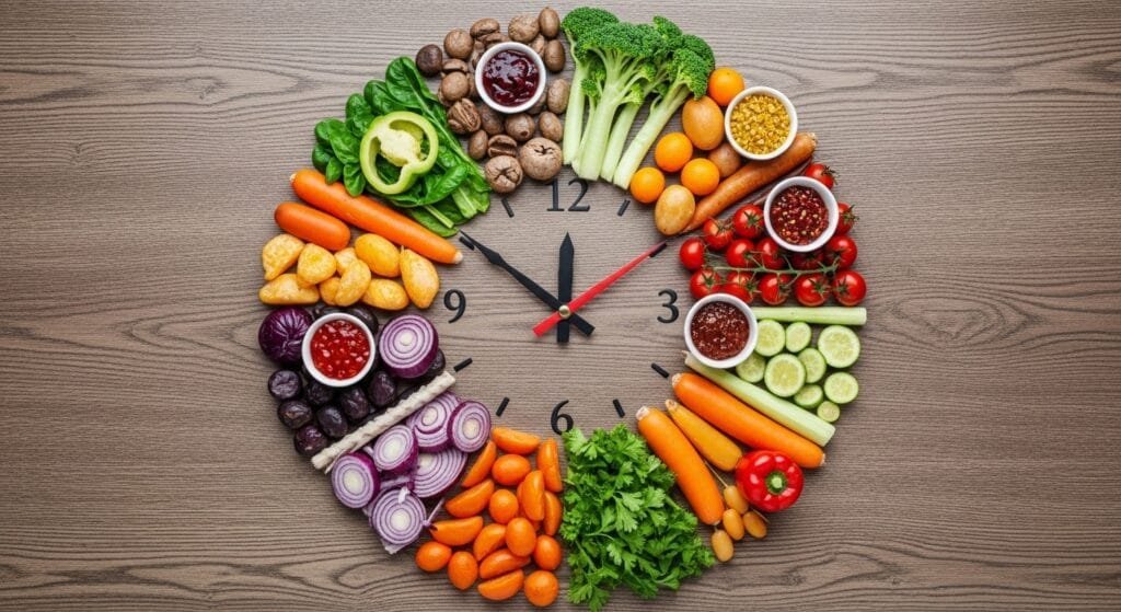 Circadian meal timing concept showing healthy foods arranged like a clock representing optimal eating windows for energy