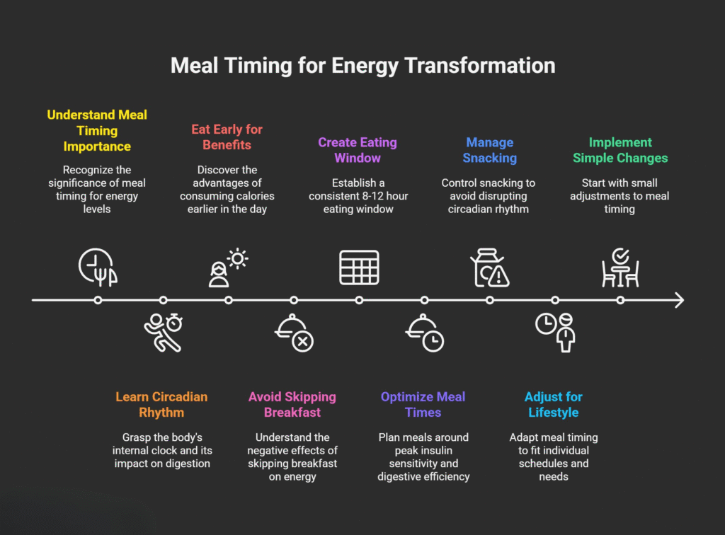 Infographic titled Meal Timing for Energy Transformation showing a horizontal timeline with icons and ten key principles for optimizing meal timing. Top row includes: ‘Understand Meal Timing Importance,’ ‘Eat Early for Benefits,’ ‘Create Eating Window,’ ‘Manage Snacking,’ and ‘Implement Simple Changes.’ Bottom row includes: ‘Learn Circadian Rhythm,’ ‘Avoid Skipping Breakfast,’ ‘Optimize Meal Times,’ and ‘Adjust for Lifestyle.’ Each item has a short explanatory phrase and a simple line-style icon. Background is dark with colorful headings.