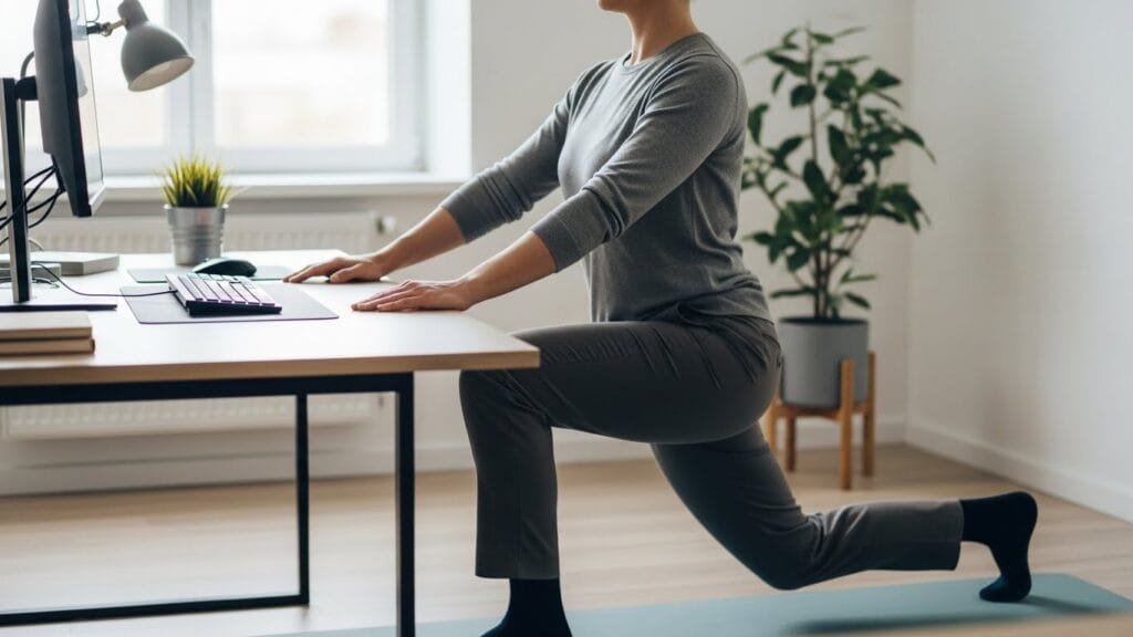 Office worker performing standing hip flexor stretch at desk to improve posture and reduce lower back pain