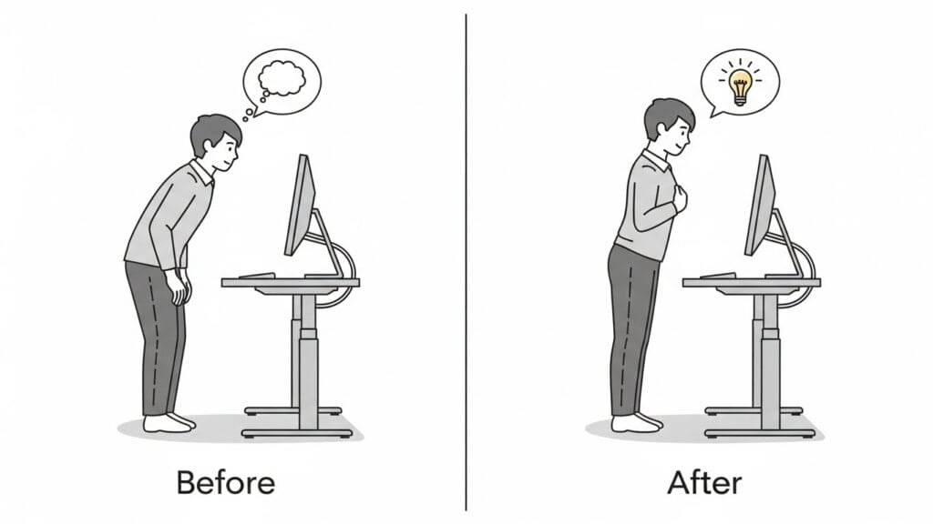 Comparison of incorrect versus correct standing desk posture highlighting common ergonomic mistakes
