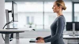 Side view showing correct shoulder alignment and neutral spine posture at standing desk