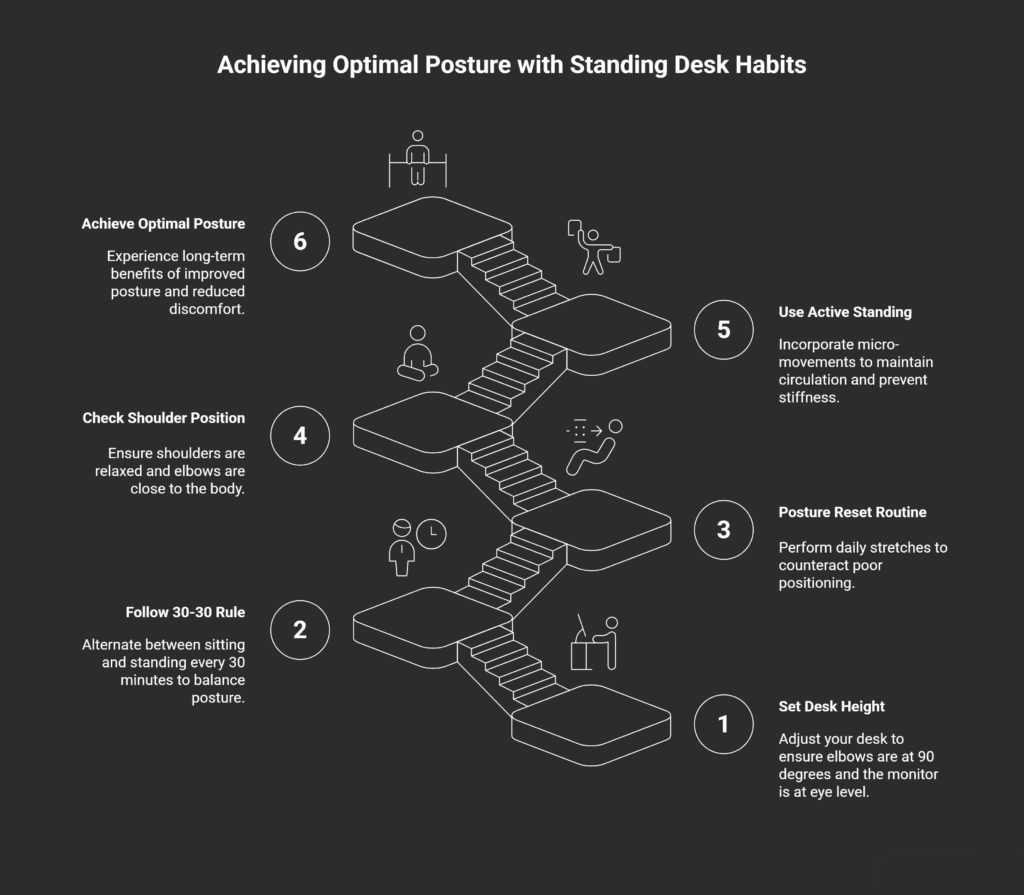 A dark-themed infographic titled “Achieving Optimal Posture with Standing Desk Habits.” The design shows a staircase-style progression with six steps, each featuring a white minimalist icon and posture habit. From bottom to top:

Set Desk Height – Adjust the desk so elbows stay at 90 degrees and the monitor is at eye level; icon of a desk with monitor.

Follow 30-30 Rule – Alternate sitting and standing every 30 minutes; icon of a person and clock.

Posture Reset Routine – Perform daily stretches to counteract poor posture; icon of stretching motion.

Check Shoulder Position – Keep shoulders relaxed and elbows close to the body; icon of a person sitting.

Use Active Standing – Add micro-movements to maintain circulation and reduce stiffness; icon of a person moving while standing.

Achieve Optimal Posture – Long-term benefits of improved posture and reduced discomfort; icon of a person with aligned posture markers.