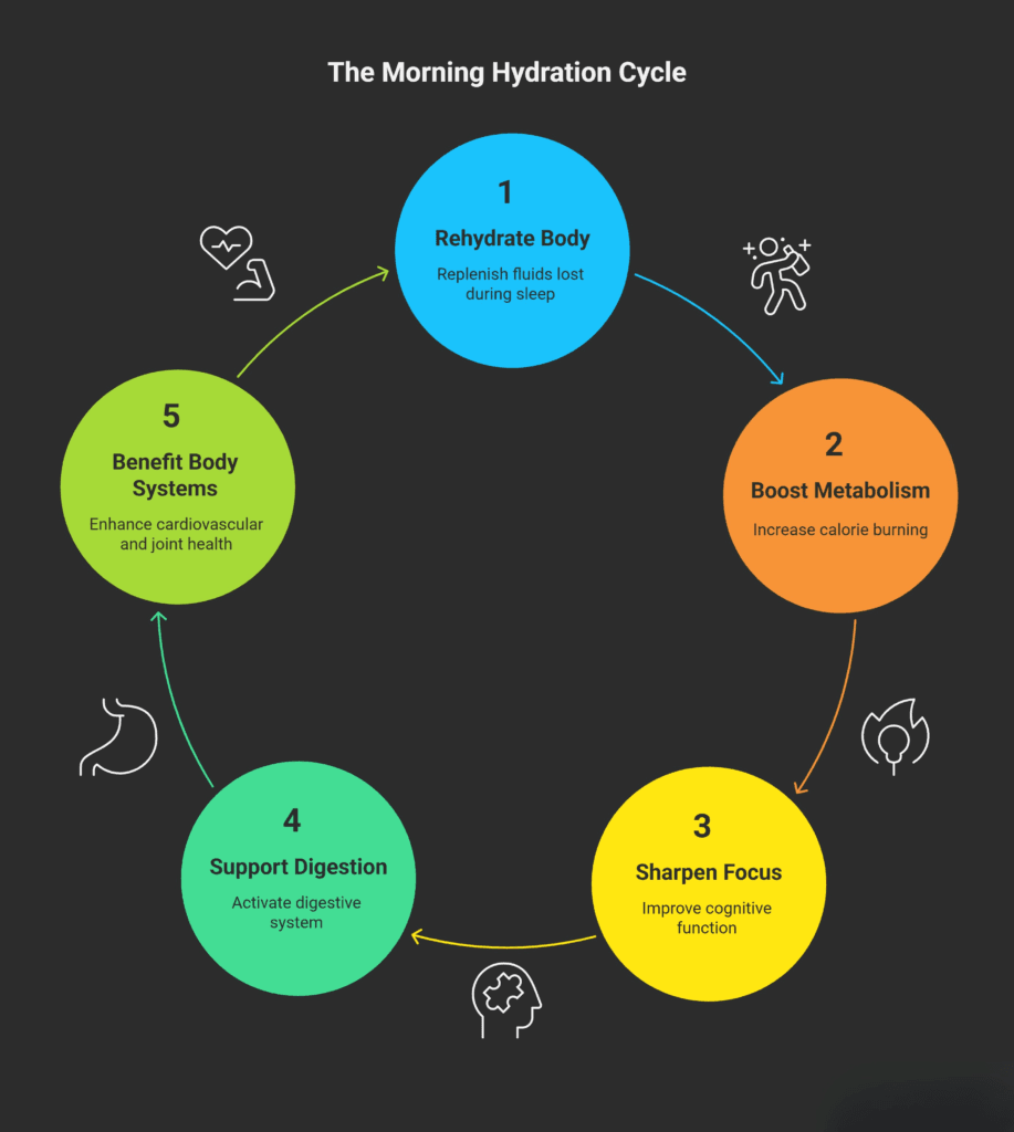Circular infographic titled “The Morning Hydration Cycle” showing five connected steps of drinking water in the morning: (1) Rehydrate Body – replenish fluids lost during sleep, (2) Boost Metabolism – increase calorie burning, (3) Sharpen Focus – improve cognitive function, (4) Support Digestion – activate the digestive system, and (5) Benefit Body Systems – enhance cardiovascular and joint health, arranged in a clockwise cycle with simple health-related icons.