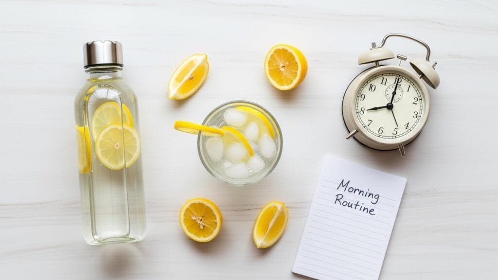 Morning hydration routine setup with water glass, lemon, and alarm clock