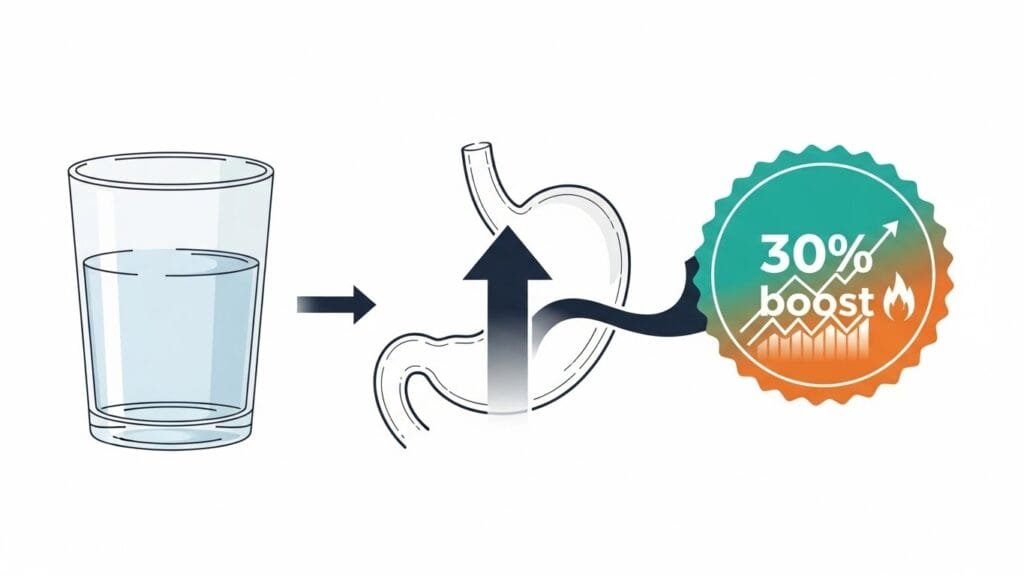 Water-induced thermogenesis diagram showing 30 percent metabolic rate increase from drinking water