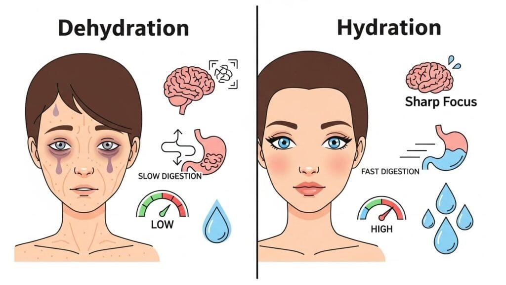 Infographic showing benefits of drinking water in the morning: improved metabolism, brain function, and digestion
