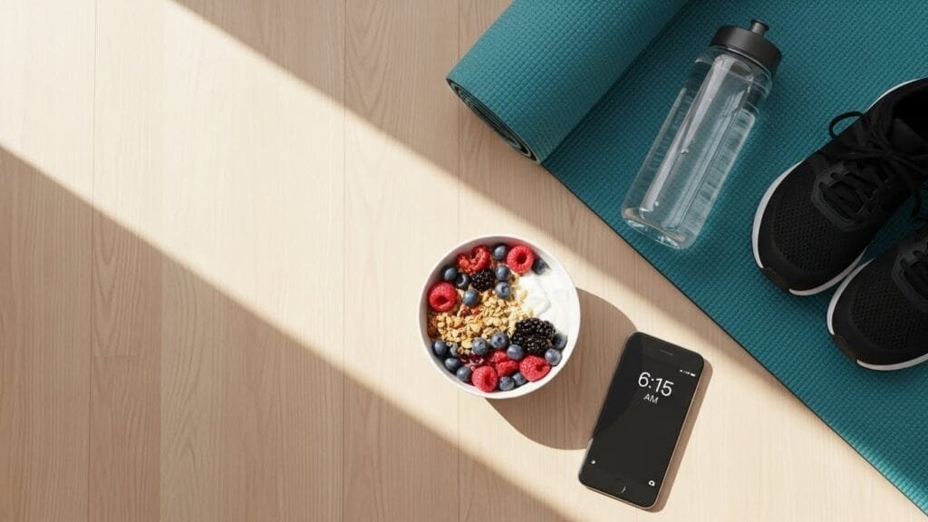 Healthy morning routine essentials including exercise gear breakfast and early alarm time for building consistent wake up habits