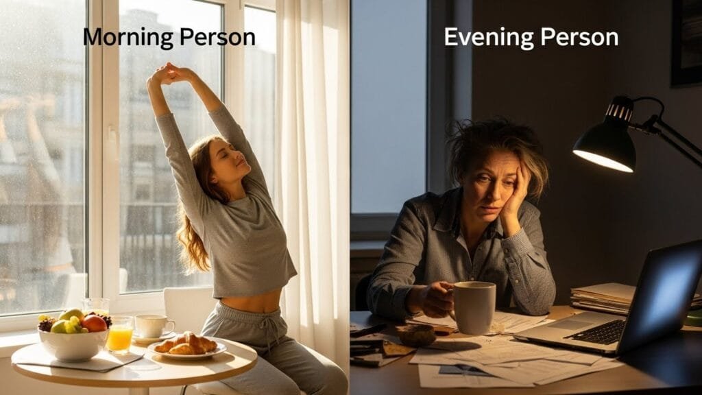 Comparison of morning person energetically stretching at sunrise versus evening person looking tired showing chronotype differences