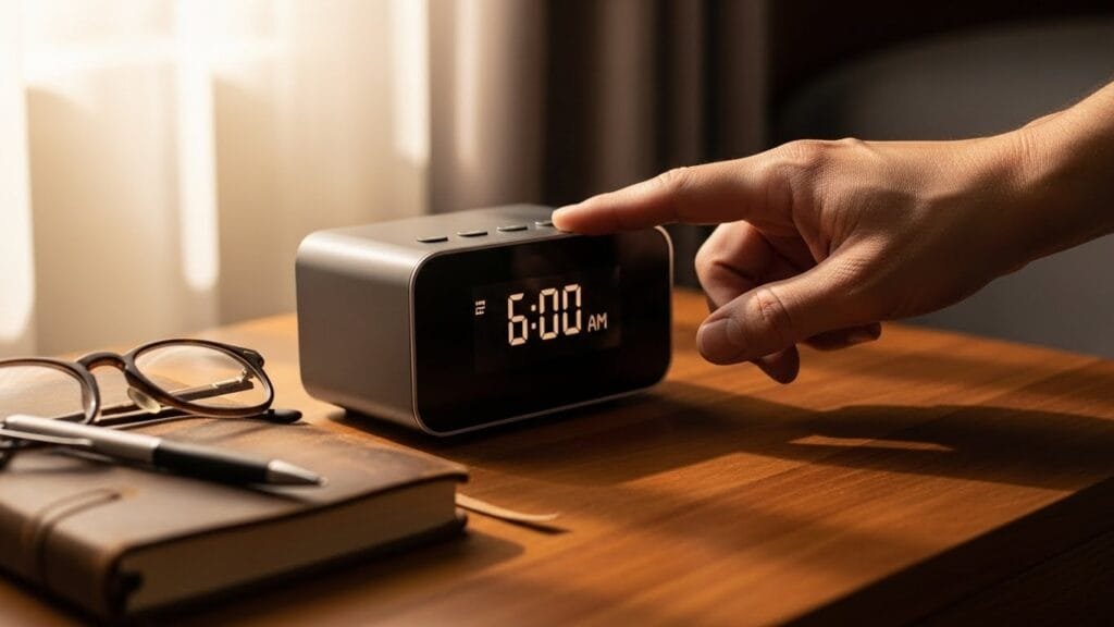 Hand turning off alarm clock at 6 AM on bedside table with journal representing consistent morning wake up time