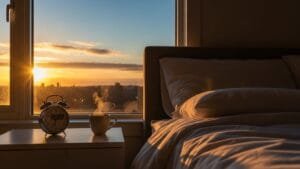 Peaceful sunrise through bedroom window with alarm clock at 6:30 AM and morning coffee representing early wake up routine
