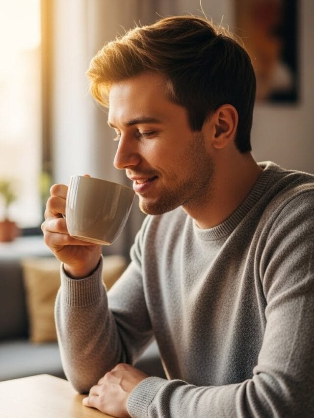 Person enjoying a calm morning coffee in soft light.