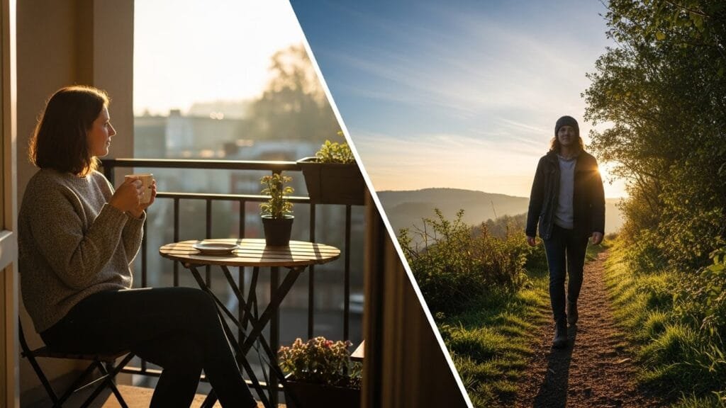 Two ways to get morning sunlight exposure for better sleep quality showing outdoor coffee and morning walk in natural daylight