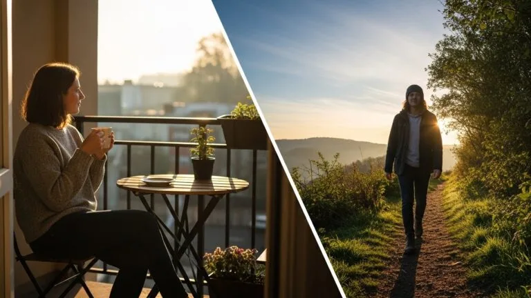 Two ways to get morning sunlight exposure for better sleep quality showing outdoor coffee and morning walk in natural daylight