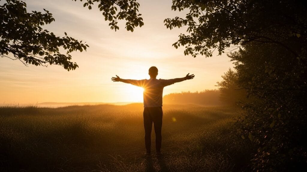Person enjoying morning sunlight outdoors with arms outstretched to improve mood and sleep through natural light exposure