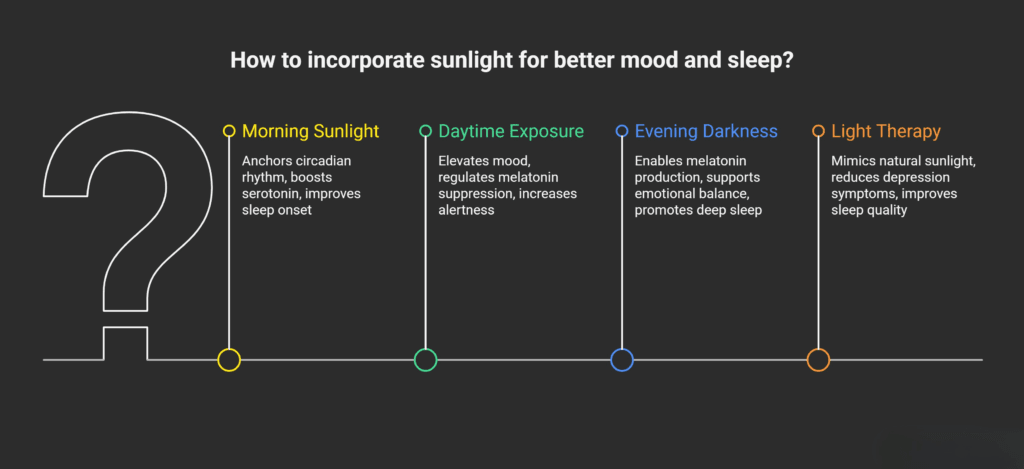 Infographic titled “How to incorporate sunlight for better mood and sleep?” showing a horizontal timeline with four sections: Morning Sunlight (anchors circadian rhythm, boosts serotonin, improves sleep onset), Daytime Exposure (elevates mood, increases alertness, suppresses melatonin), Evening Darkness (supports melatonin production, emotional balance, and deep sleep), and Light Therapy (mimics natural sunlight to improve sleep quality and reduce depression symptoms). The design uses colored icons and labels on a dark background.