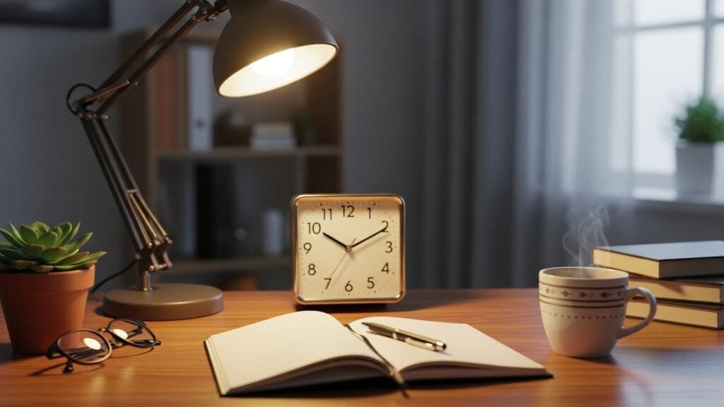 Two-minute meditation break setup showing minimal time needed for stress reduction at work