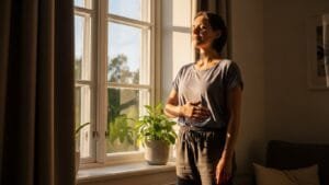 Woman doing quick body scan meditation technique while standing during midday break