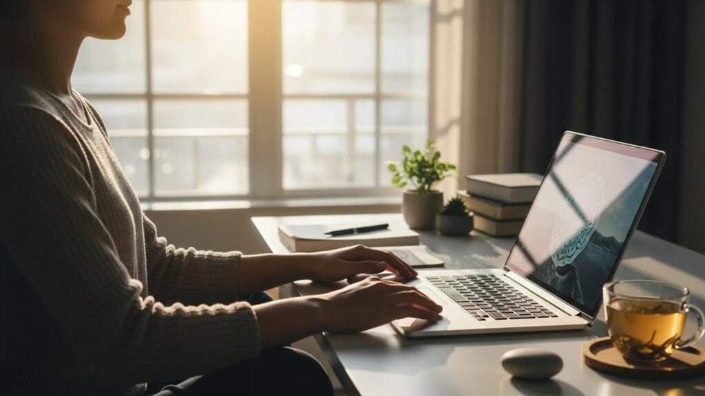 Professional practicing 2-minute mindful breathing meditation at office desk